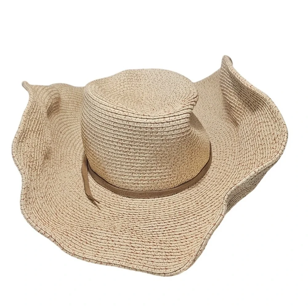 Luisa Spagnoli‎ Wide Brim Straw Hat Beige Brown Accents